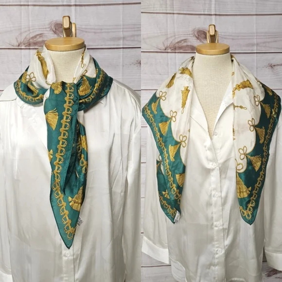 Oscar De La Renta Vintage Silk Scarf In Green White And Yellow - Picture 1 of 12